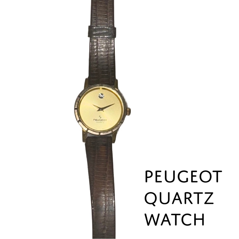 Vintage Peugeot Gold-Tone Quartz Watch with Croc-Embossed Leather Strap
